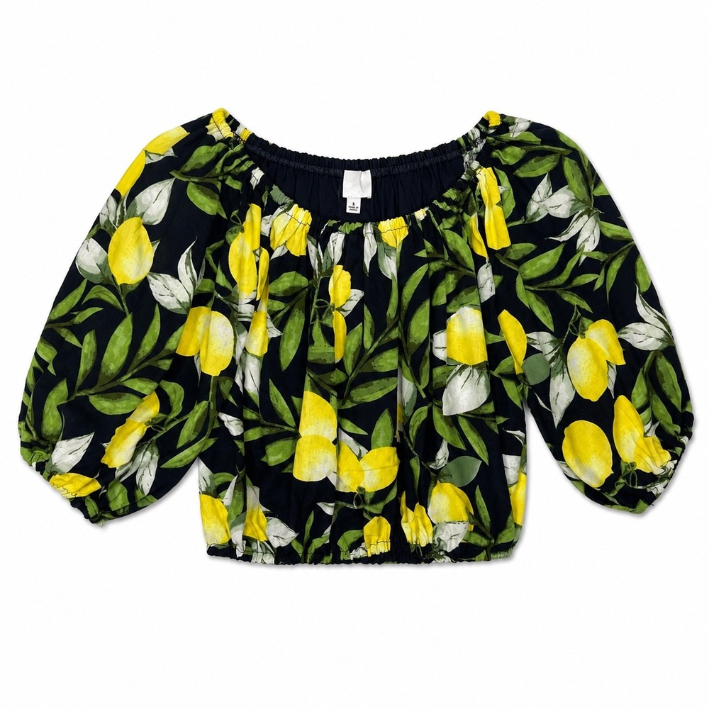 Flat White Linen Blend Lemon Print Crop Blouse Small Coastal‎ Summer